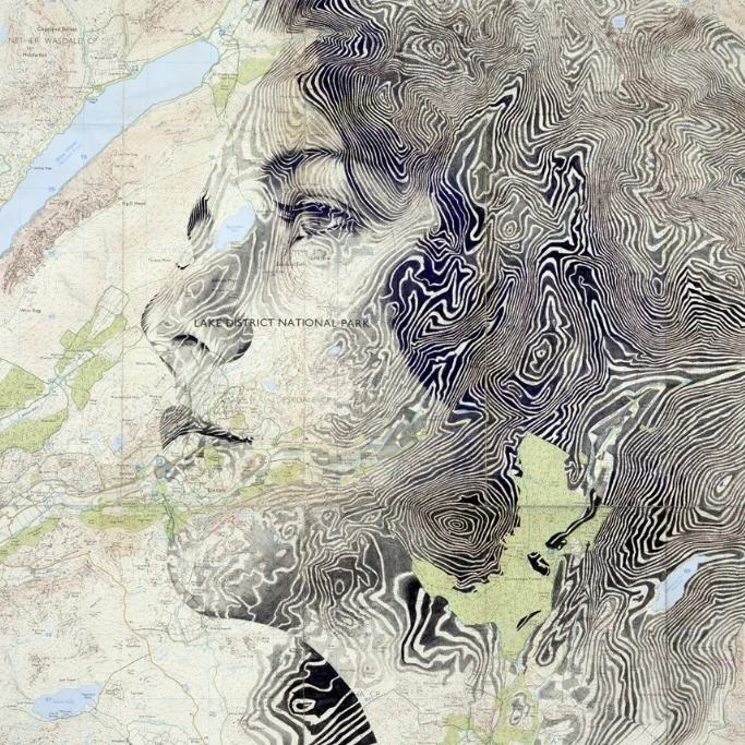 Portrait of a woman drawn over a Lake District walking map