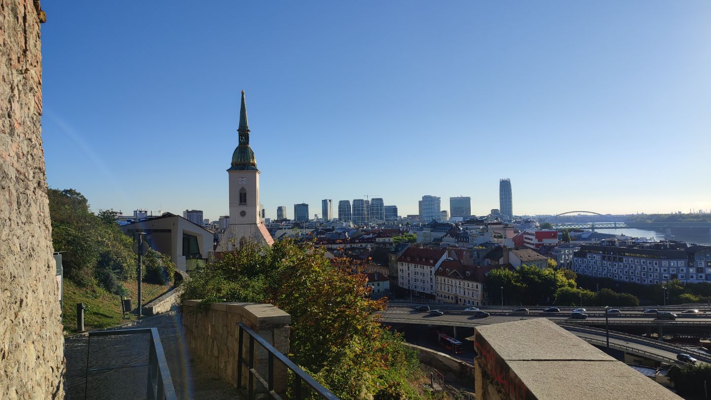 Cathedral spire and skyline above the Danube