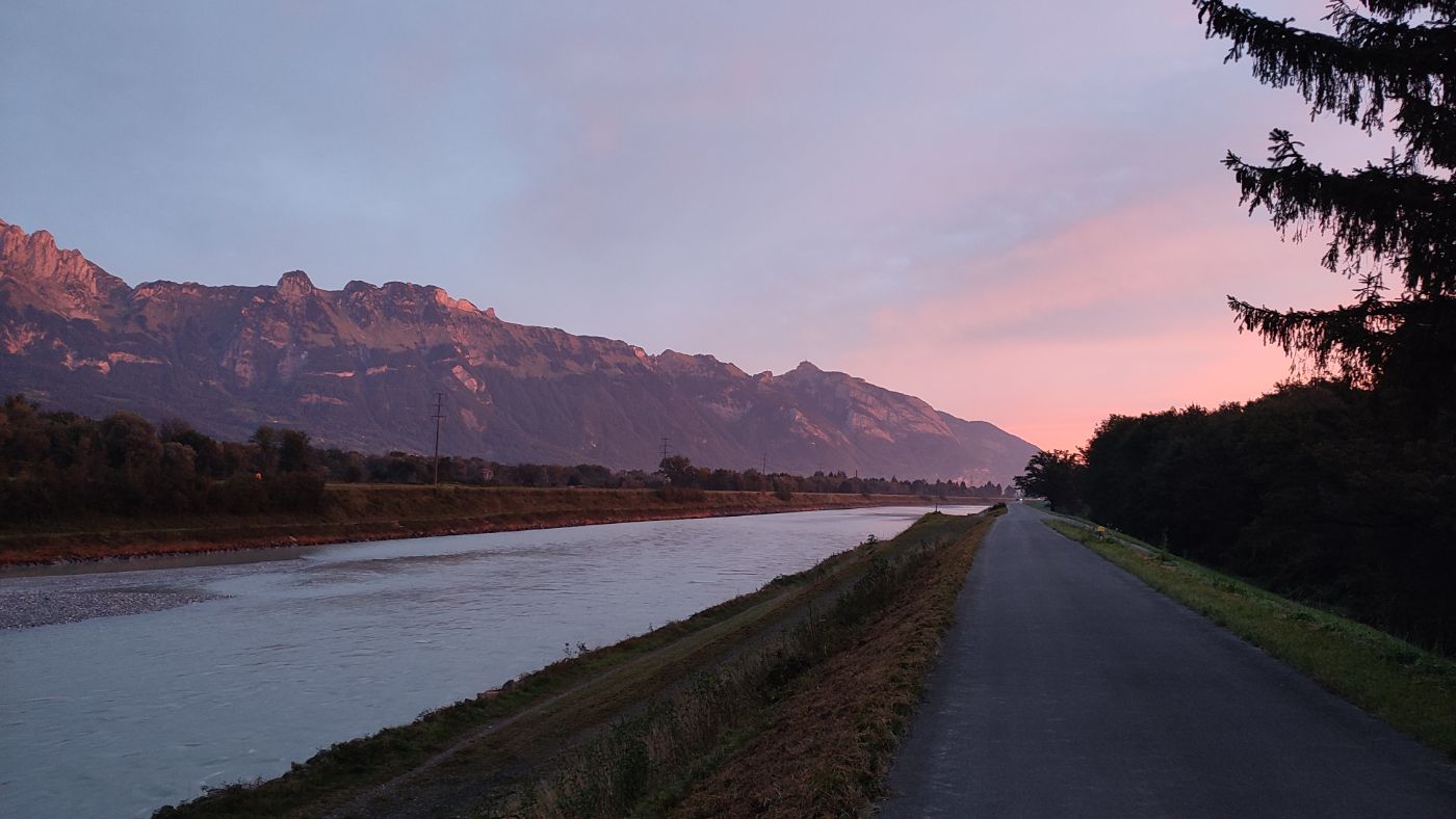 Sunrise over the Rhine and the Alps