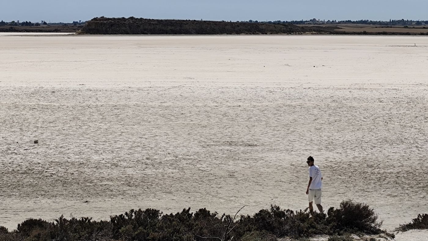 Walking across a dry salt lake