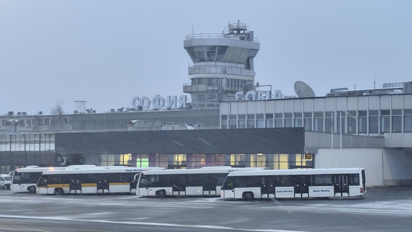 Airport tower in falling snow