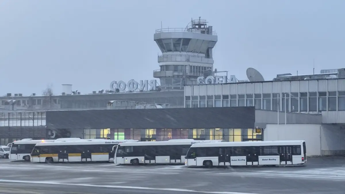 Airport tower in falling snow