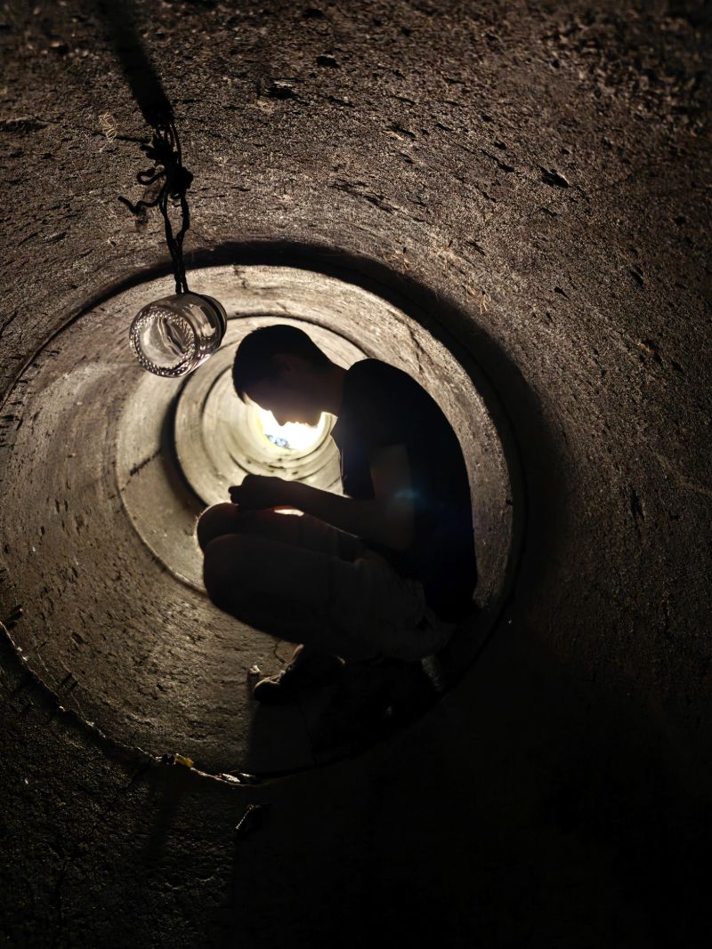 Silhouette crouching inside a concrete pipe