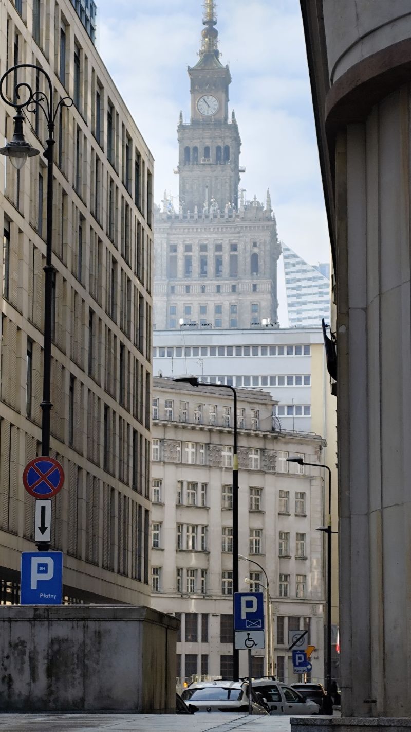 Palace of Culture and Science seen down a street